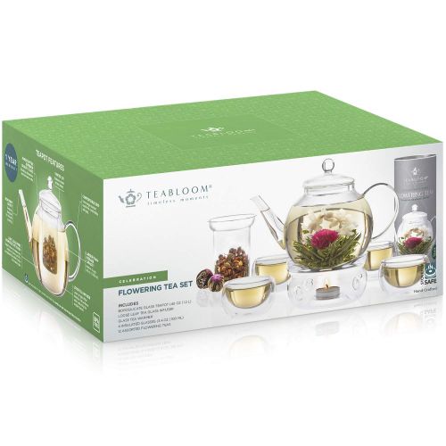  Teabloom Vollstandiges Bluetentee-Set: Borosilikatglas Teekanne - 12 bluehende Tees - Teekannenwarmer - 4 doppelwandige Glaser - Tee-Ei fuer lose Blatter - Bester Erbluehtee Geschenk-S