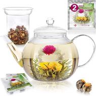 [아마존베스트]Teabloom Set Glas-Teekanne & Glasernes Teeei - fuer 6-8 Tassen - am Besten fuer lose Teeblatter oder Bluetentee - 2 Teeblumen enthalten (1200 ml Teekanne)