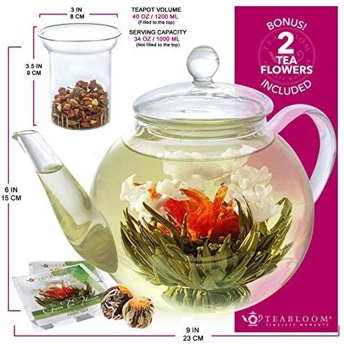  Teabloom Set Glas-Teekanne & Glasernes Teeei - fuer 6-8 Tassen - am Besten fuer lose Teeblatter oder Bluetentee - 2 Teeblumen enthalten (1200 ml Teekanne)