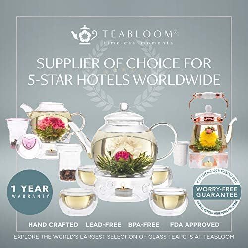  Teabloom Set Glas-Teekanne & Glasernes Teeei - fuer 6-8 Tassen - am Besten fuer lose Teeblatter oder Bluetentee - 2 Teeblumen enthalten (1200 ml Teekanne)