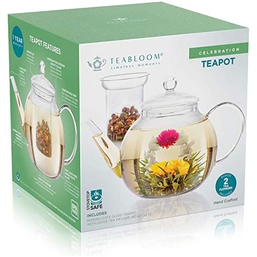  Teabloom Set Glas-Teekanne & Glasernes Teeei - fuer 6-8 Tassen - am Besten fuer lose Teeblatter oder Bluetentee - 2 Teeblumen enthalten (1200 ml Teekanne)