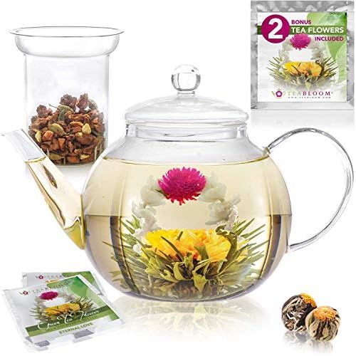  Teabloom Set Glas-Teekanne & Glasernes Teeei - fuer 6-8 Tassen - am Besten fuer lose Teeblatter oder Bluetentee - 2 Teeblumen enthalten (1200 ml Teekanne)