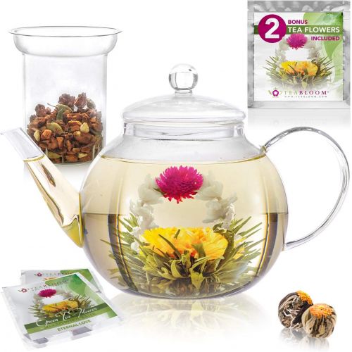  Teabloom Set Glas-Teekanne & Glasernes Teeei - fuer 6-8 Tassen - am Besten fuer lose Teeblatter oder Bluetentee - 2 Teeblumen enthalten (1200 ml Teekanne)