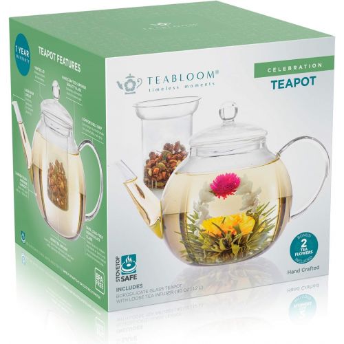  Teabloom Set Glas-Teekanne & Glasernes Teeei - fuer 6-8 Tassen - am Besten fuer lose Teeblatter oder Bluetentee - 2 Teeblumen enthalten (1200 ml Teekanne)