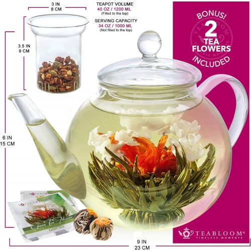  Teabloom Set Glas-Teekanne & Glasernes Teeei - fuer 6-8 Tassen - am Besten fuer lose Teeblatter oder Bluetentee - 2 Teeblumen enthalten (1200 ml Teekanne)