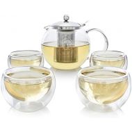 [아마존베스트]Teabloom Tee Set  Hitzebestandig + Bleifreier Teekannen-Wasserkocher aus Glas (1200 ml) mit herausnehmbarem Edelstahlfilter fuer losen Tee  Enthalt 4 doppelwandige Isolierglasbech