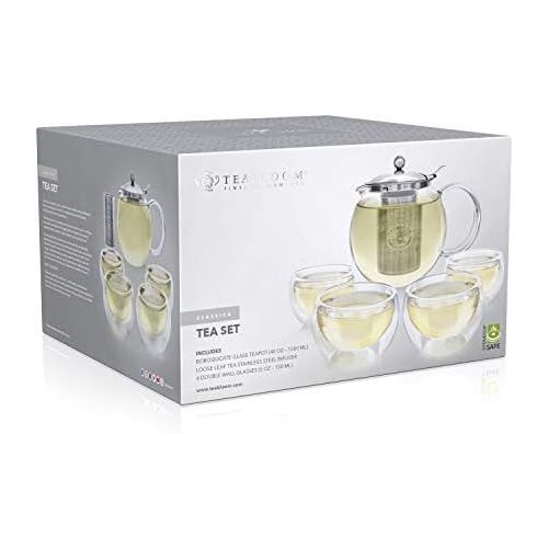  Teabloom Tee Set  Hitzebestandig + Bleifreier Teekannen-Wasserkocher aus Glas (1200 ml) mit herausnehmbarem Edelstahlfilter fuer losen Tee  Enthalt 4 doppelwandige Isolierglasbech