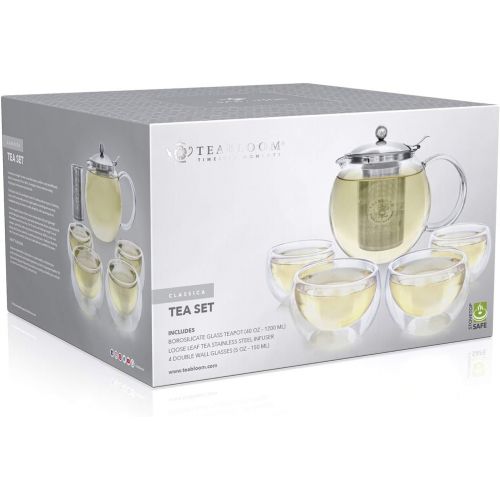  Teabloom Tee Set  Hitzebestandig + Bleifreier Teekannen-Wasserkocher aus Glas (1200 ml) mit herausnehmbarem Edelstahlfilter fuer losen Tee  Enthalt 4 doppelwandige Isolierglasbech