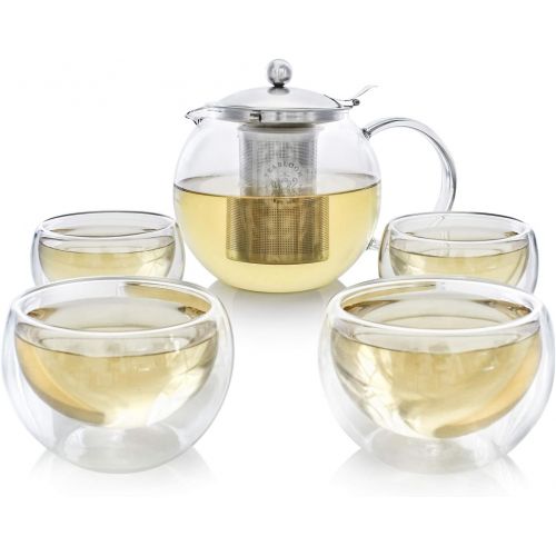  Teabloom Tee Set  Hitzebestandig + Bleifreier Teekannen-Wasserkocher aus Glas (1200 ml) mit herausnehmbarem Edelstahlfilter fuer losen Tee  Enthalt 4 doppelwandige Isolierglasbech