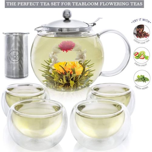  Teabloom Tee Set  Hitzebestandig + Bleifreier Teekannen-Wasserkocher aus Glas (1200 ml) mit herausnehmbarem Edelstahlfilter fuer losen Tee  Enthalt 4 doppelwandige Isolierglasbech