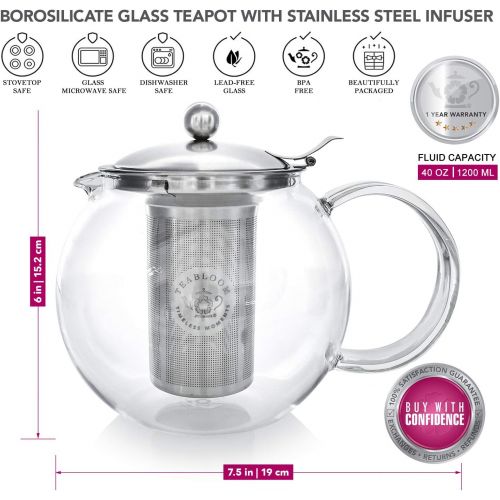  Teabloom Tee Set  Hitzebestandig + Bleifreier Teekannen-Wasserkocher aus Glas (1200 ml) mit herausnehmbarem Edelstahlfilter fuer losen Tee  Enthalt 4 doppelwandige Isolierglasbech