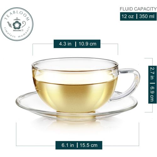  [아마존베스트]Teabloom Kyoto Teacup and Saucer Set 2-Pack  Large Size  12 OZ/ 350 ML Capacity  Crystal Clear Design  Healthful Premium Borosilicate Glass  Heat Resistant, Microwave Safe 