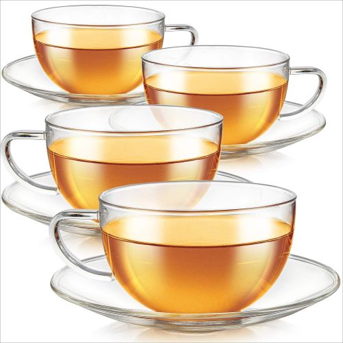  [아마존베스트]Teabloom Kyoto Teacup and Saucer Set 2-Pack  Large Size  12 OZ/ 350 ML Capacity  Crystal Clear Design  Healthful Premium Borosilicate Glass  Heat Resistant, Microwave Safe 