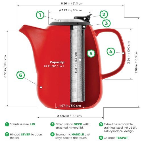  Tealyra - Daze Ceramic Large Teapot Red - 47-ounce (6-7 cups) - With Stainless Steel Lid Extra-Fine Infuser for Loose Leaf Tea - 1400ml