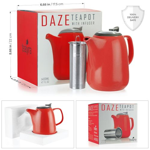  Tealyra - Daze Ceramic Large Teapot Red - 47-ounce (6-7 cups) - With Stainless Steel Lid Extra-Fine Infuser for Loose Leaf Tea - 1400ml