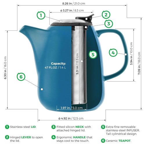  Tealyra - Daze Ceramic Large Teapot Green - 47-ounce (6-7 cups) - With Stainless Steel Lid Extra-Fine Infuser for Loose Leaf Tea - 1400ml