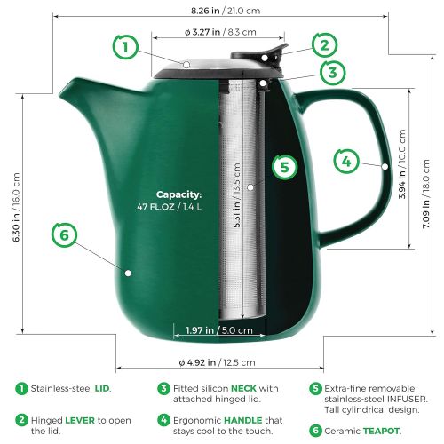  Tealyra - Daze Ceramic Large Teapot Green - 47-ounce (6-7 cups) - With Stainless Steel Lid Extra-Fine Infuser for Loose Leaf Tea - 1400ml