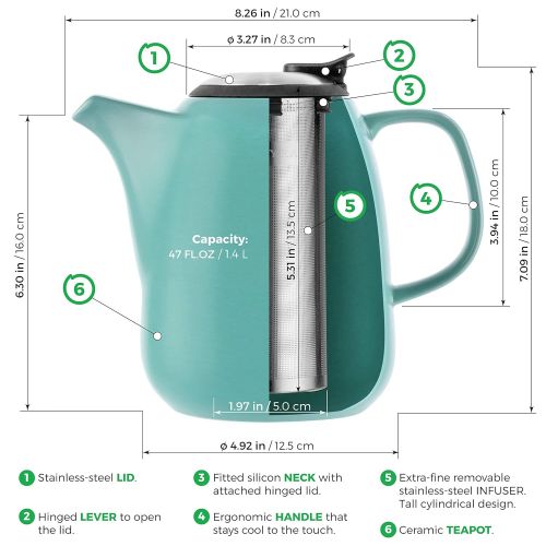  Tealyra - Daze Ceramic Large Teapot Green - 47-ounce (6-7 cups) - With Stainless Steel Lid Extra-Fine Infuser for Loose Leaf Tea - 1400ml