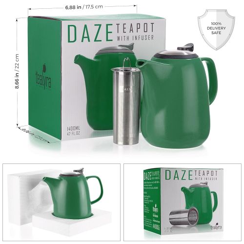  Tealyra - Daze Ceramic Large Teapot Green - 47-ounce (6-7 cups) - With Stainless Steel Lid Extra-Fine Infuser for Loose Leaf Tea - 1400ml