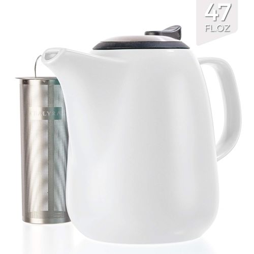  Tealyra - Daze Ceramic Large Teapot White - 47-ounce (6-7 cups) - With Stainless Steel Lid Extra-Fine Infuser for Loose Leaf Tea - 1400ml