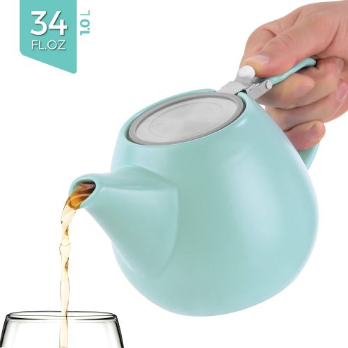  Tealyra - Jove Porcelain Large Teapot Turquoise - 34.0-ounce (3-4 cups) - Japanese Made - Stainless Steel Lid and Extra-Fine Infuser To Brew Loose Leaf Tea - 1000ml