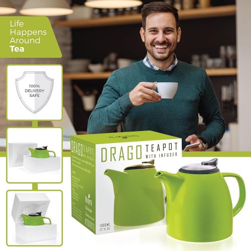  Tealyra - Drago Ceramic Teapot Lime - 37-ounce (4-6 cups) - Large Stylish Teapot - Stainless Steel Lid Extra-Fine Infuser To Brew Loose Leaf Tea - Leed-Free - 1100ml