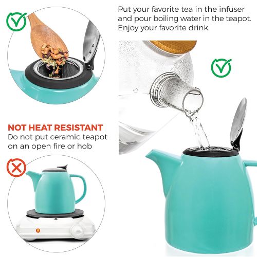  Tealyra - Drago Ceramic Teapot Turquoise - 37oz (4-6 cups) - Large Stylish Teapot with Stainless Steel Lid Extra-Fine Infuser To Brew Loose Leaf Tea - Leed-Free - 1100ml