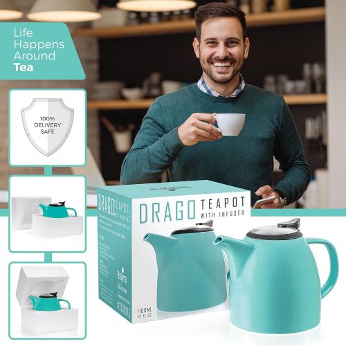  Tealyra - Drago Ceramic Teapot Turquoise - 37oz (4-6 cups) - Large Stylish Teapot with Stainless Steel Lid Extra-Fine Infuser To Brew Loose Leaf Tea - Leed-Free - 1100ml