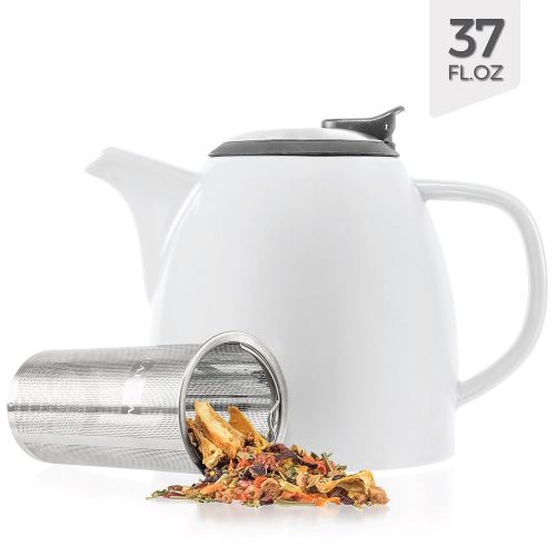  Tealyra - Drago Ceramic Teapot White - 37oz (4-6 cups) - Large Stylish Teapot with Stainless Steel Lid Extra-Fine Infuser To Brew Loose Leaf Tea - Leed-Free - 1100ml