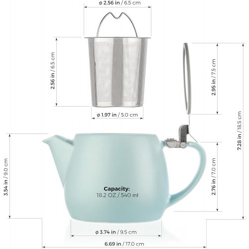  Tealyra - Pluto Porcelain Small Teapot Turquoise - 18.2-ounce (1-2 cups) - Matte Finish - Stainless Steel Lid and Extra-Fine Infuser To Brew Loose Leaf Tea - 540ml