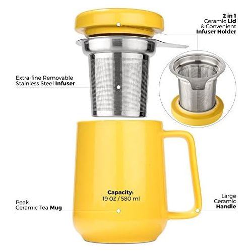  Tealyra - Peak Ceramic Yellow Tea Cup Infuser - 19-ounce - Large Mug with Lid and Stainless Steel Infuser - Tea-For-One Perfect Set for Office and Home Uses - 580 milliliter