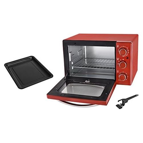  Team Kalorik Retro-Ofen mit 19,5 l Fassungsvermoegen, Herausnehmhilfe, Backblech und Grillrost (0-230°C), 1300 W, Metall/Glas, Rot, TKG OT 2500 R