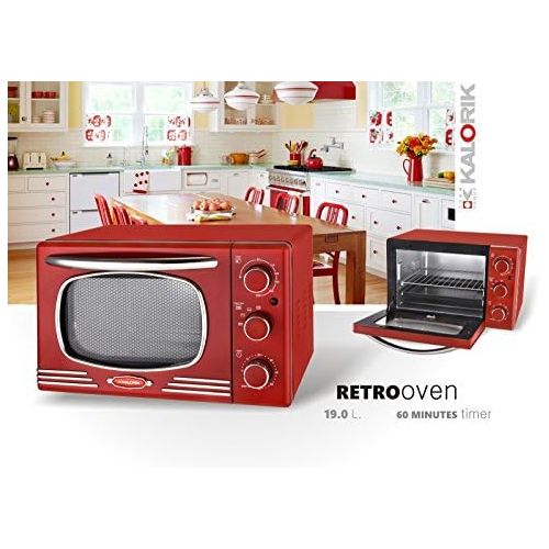  Team Kalorik Retro-Ofen mit 19,5 l Fassungsvermoegen, Herausnehmhilfe, Backblech und Grillrost (0-230°C), 1300 W, Metall/Glas, Rot, TKG OT 2500 R