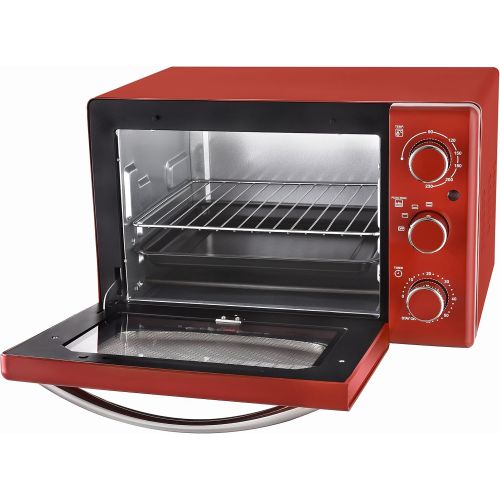  Team Kalorik Retro-Ofen mit 19,5 l Fassungsvermoegen, Herausnehmhilfe, Backblech und Grillrost (0-230°C), 1300 W, Metall/Glas, Rot, TKG OT 2500 R