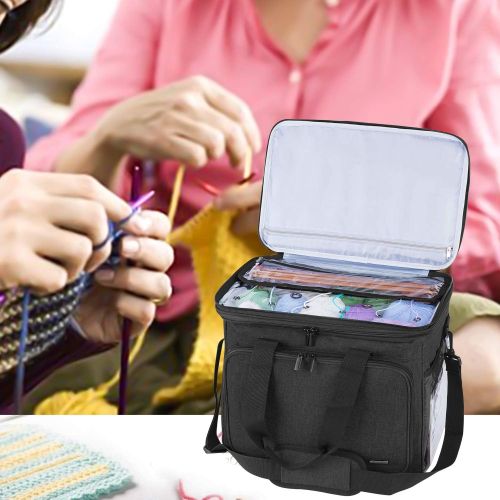  [아마존 핫딜] [아마존핫딜]Teamoy Knitting Bag, Yarn Tote Organizer with Cover and Inner Divider (Sewn to Bottom) for Crochet Hooks, Knitting Needles(up to 14”), Project and Supplies, Black(No Accessories In