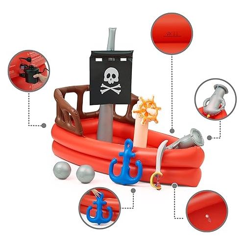  Teamson Kids Water Pool Pirate Ship Inflatable Kids Sprinkler with Air Pump, Beach Balls, & Accessories, Inflatable Outdoor Play Sprinkler System, Red