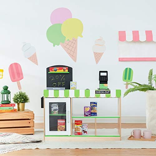  Teamson Kids - Cashier Austin Wooden Fresh Mart Market Grocery Store Pretend Play Stand with 26 Accessories - Green / Wood