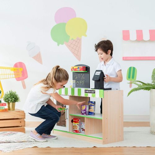  Teamson Kids - Cashier Austin Wooden Fresh Mart Market Grocery Store Pretend Play Stand with 26 Accessories - Green / Wood