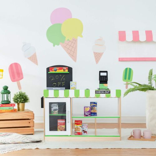  Teamson Kids - Cashier Austin Wooden Fresh Mart Market Grocery Store Pretend Play Stand with 26 Accessories - Green / Wood