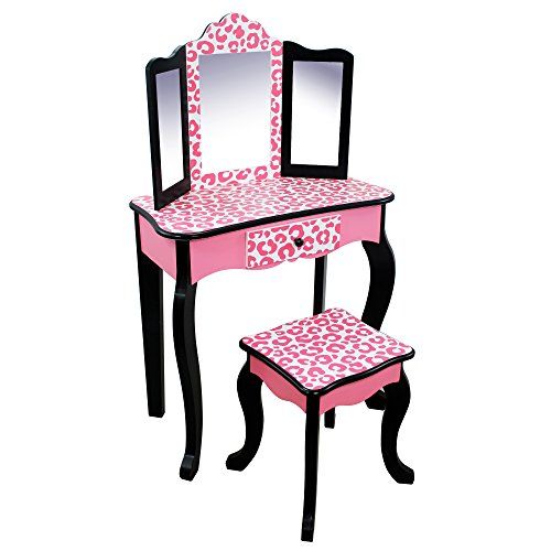  Teamson Kids Pretend Play Kids Vanity Table and Chair Vanity Set with Mirror Makeup Dressing Table with Drawer Fashion Leopard Prints Gisele Play Vanity Set Pink Black