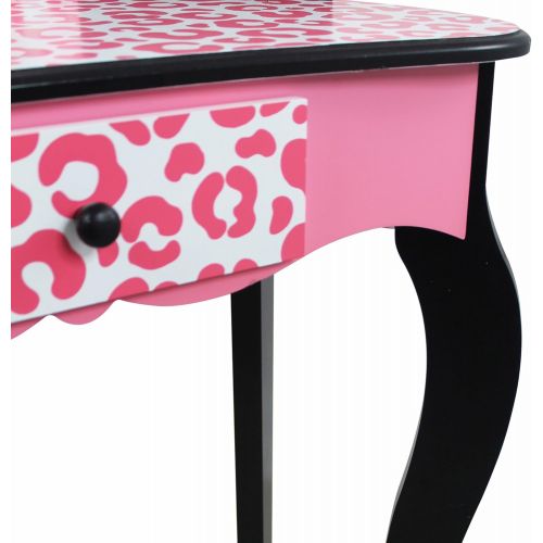  Teamson Kids Pretend Play Kids Vanity Table and Chair Vanity Set with Mirror Makeup Dressing Table with Drawer Fashion Leopard Prints Gisele Play Vanity Set Pink Black