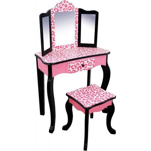  Teamson Kids Pretend Play Kids Vanity Table and Chair Vanity Set with Mirror Makeup Dressing Table with Drawer Fashion Leopard Prints Gisele Play Vanity Set Pink Black