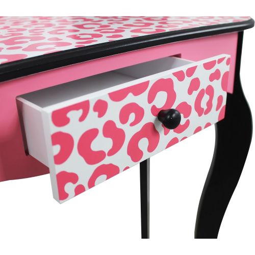  Teamson Kids Pretend Play Kids Vanity Table and Chair Vanity Set with Mirror Makeup Dressing Table with Drawer Fashion Leopard Prints Gisele Play Vanity Set Pink Black
