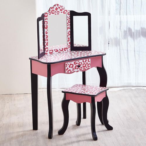  Teamson Kids Pretend Play Kids Vanity Table and Chair Vanity Set with Mirror Makeup Dressing Table with Drawer Fashion Leopard Prints Gisele Play Vanity Set Pink Black
