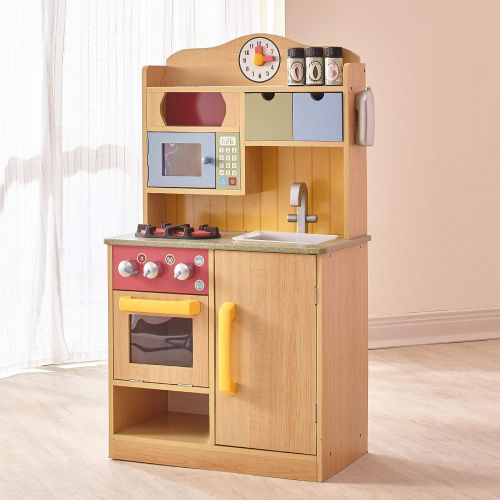  Teamson Kids Little Chef Florence Classic Kids Play Kitchen Toddler Pretend Play Set with Accessories, 2 Drawers, and Clock Wood Grain