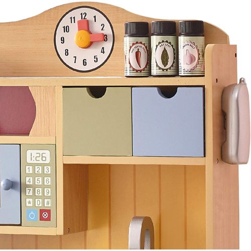  Teamson Kids Little Chef Florence Classic Kids Play Kitchen Toddler Pretend Play Set with Accessories, 2 Drawers, and Clock Wood Grain