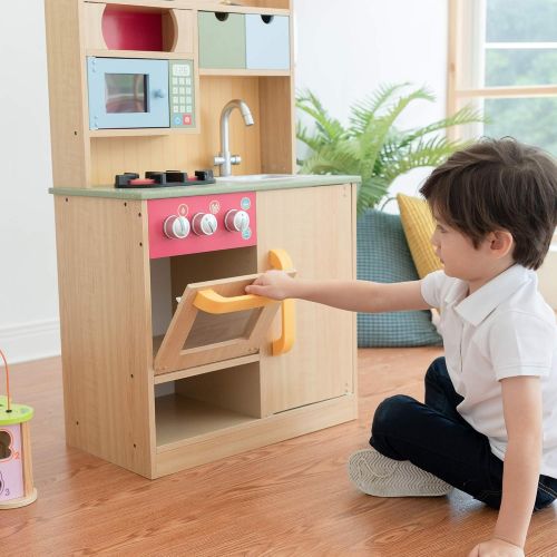  Teamson Kids Little Chef Florence Classic Kids Play Kitchen Toddler Pretend Play Set with Accessories, 2 Drawers, and Clock Wood Grain