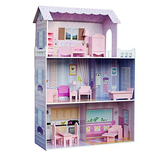  Teamson Kids - Fancy Mansion Wooden Dollhouse with 13 pcs Furniture for 12 inch Dolls,Multi-color,32.00x11.50x51.50 , Pink