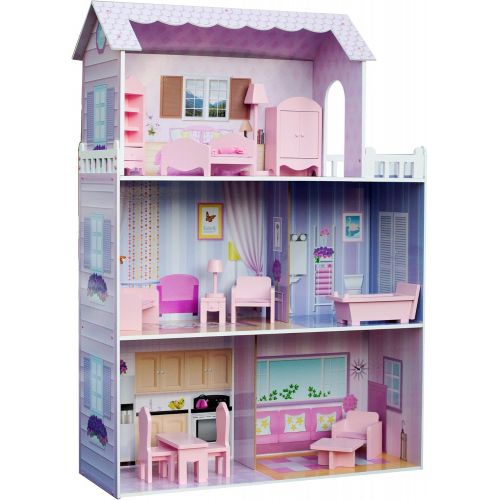  Teamson Kids - Fancy Mansion Wooden Dollhouse with 13 pcs Furniture for 12 inch Dolls,Multi-color,32.00x11.50x51.50 , Pink