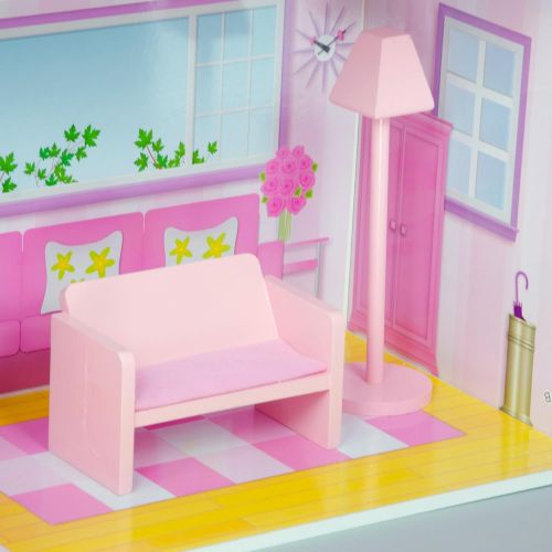  Teamson Kids - Fancy Mansion Wooden Dollhouse with 13 pcs Furniture for 12 inch Dolls,Multi-color,32.00x11.50x51.50 , Pink